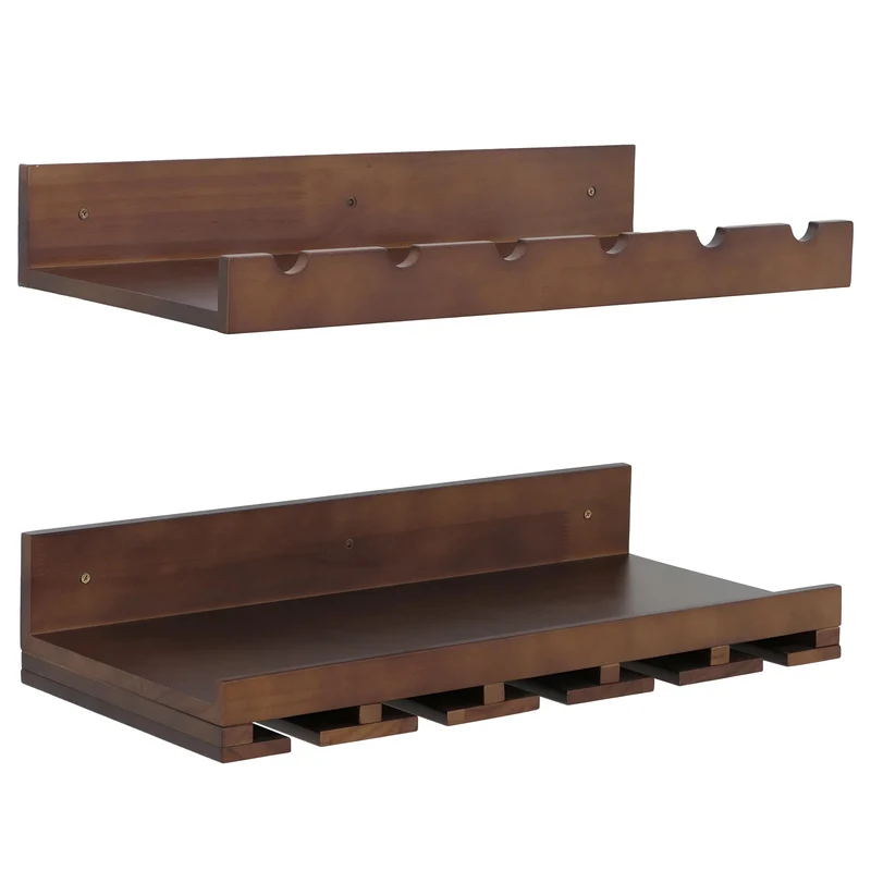 Lot de 2 étagères murales support bouteilles et verres 61 x 28 cm pratique et décoratif cuisine salon en bois marron 04_0009078