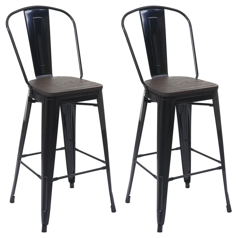 Lot de 2 tabourets de bar chaises de comptoir avec dossier siège en bois design industriel métal noir 04_0005196