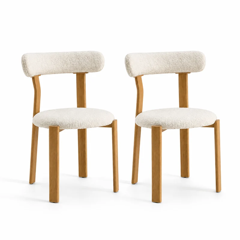 Auro – Chaise Scandinave en Bois Massif & Bouclé Crème – Lot de 2