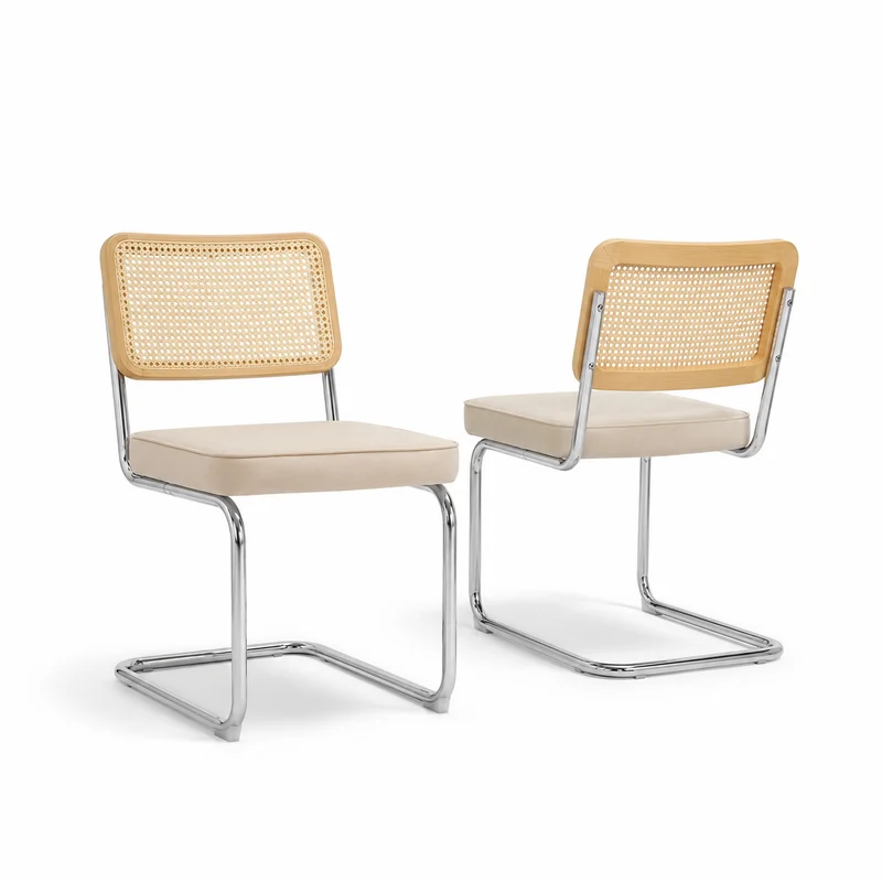 Oria – Chaise Cantilever Scandinave Tissu & Rotin – Lot de 2
