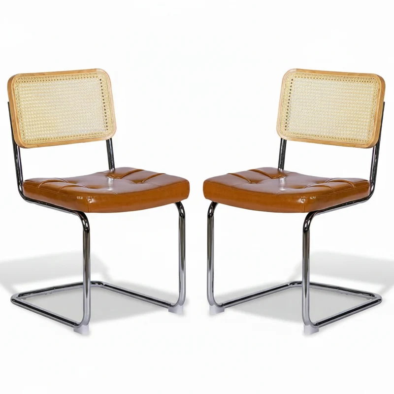 Oria – Chaise Cantilever Scandinave en Cuir & Rotin – Lot de 2