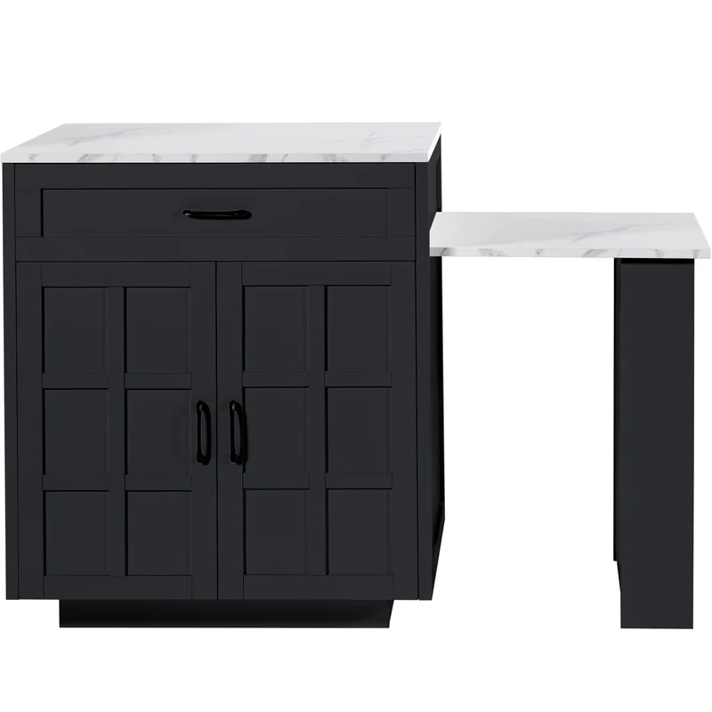Pericardia Table de bar extensible 133-202x70x93,5cm en MDF noir avec rangements – Îlot de cuisine multifonction pour 2 à 6 personnes