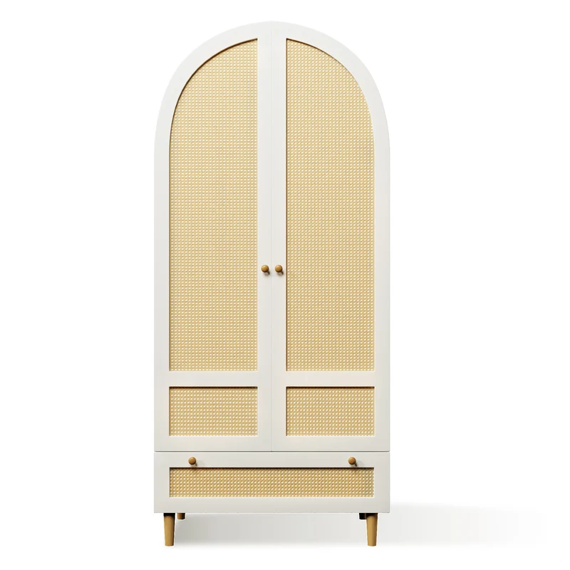 Despairs Armoire penderie 80x50x180 cm bois blanc style rotin, design arqué, avec tiroir et tringle