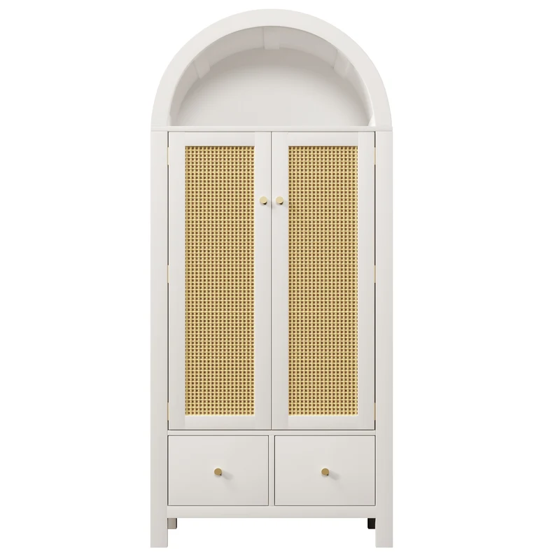 Chairmaned Armoire 181x78x45 cm en bois blanc avec portes en rotin, style campagne, 2 tiroirs et penderie