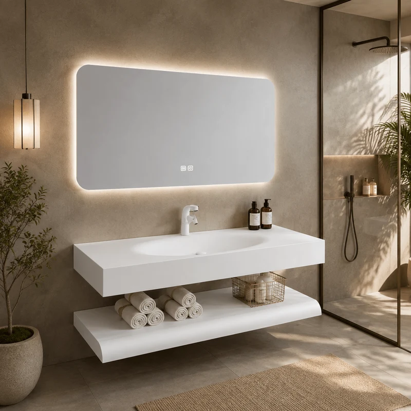 Lavabo Siena Stone 120 cm con espejo LED · Conjunto suspendido