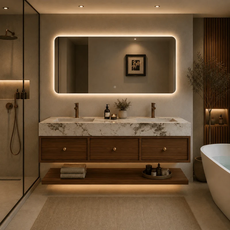 Mueble de baño Sendai con espejo LED, 3 cajones y piedra sinterizada pandora
