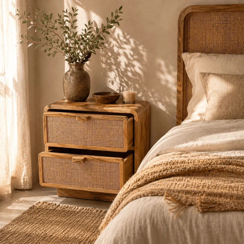 Mesita de noche Liora de madera de mango y yute natural