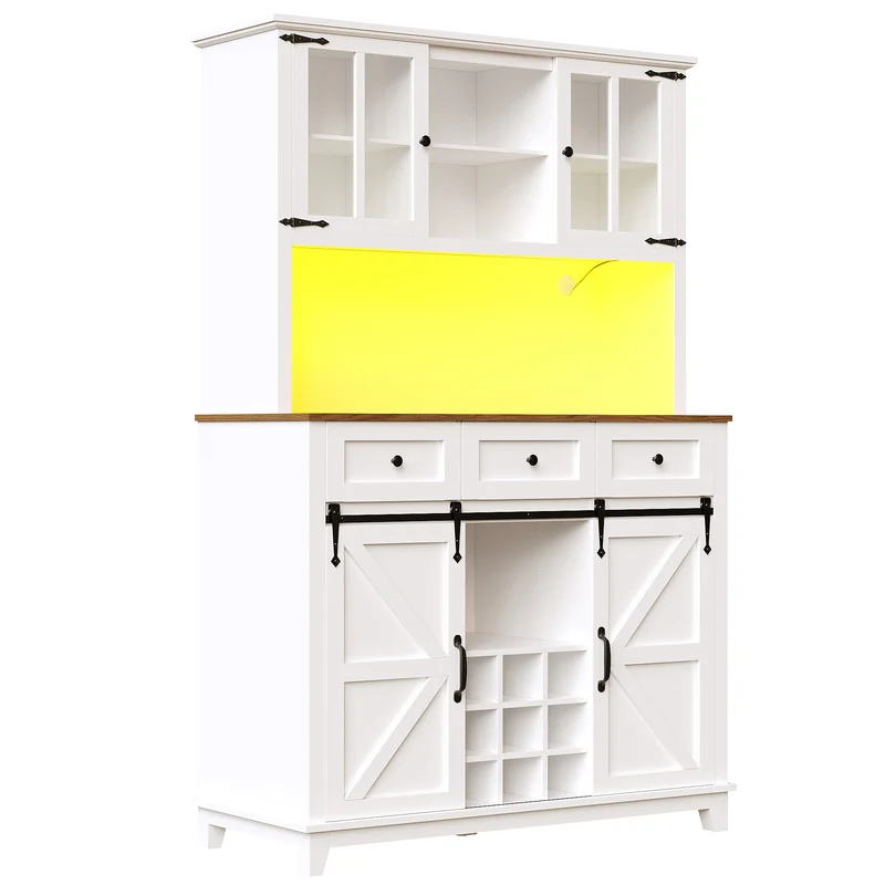Shippons Buffet de cuisine 105x38,4x180cm blanc – Armoire haute avec LED, style farmhouse, étagères réglables, vitrine moderne