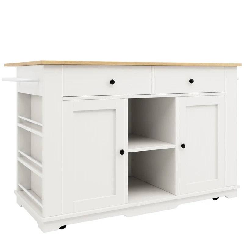 Precover Îlot de cuisine 151,5x59,7cm blanc bois, avec prises, rangement, roulettes, plateau pliable