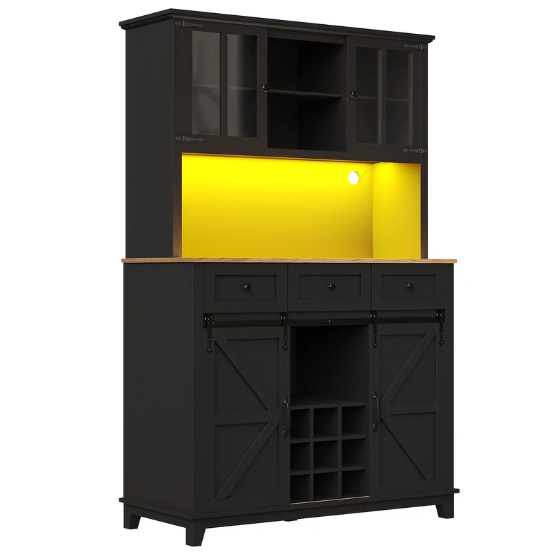 Polyphloisboioism Buffet de cuisine 105x38,4x180cm noir – Armoire haute vitrée LED, style moderne farmhouse, MDF, étagères réglables, porte coulissante