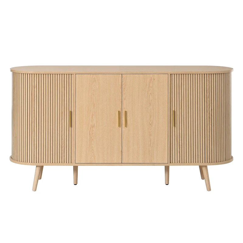 Buffet effet bois clair avec portes coulissantes 3 tiroirs, design arrondi à rainures verticales accents dorés MINIMALISTCORNERART