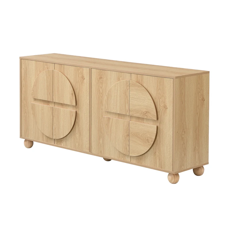 Buffet effet bois naturel à 4 portes, relief circulaire et étagères réglables 160cm RUSTICTRAYSET