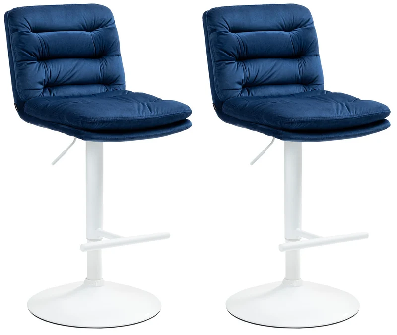 Lot de 2 tabourets de bar avec repose-pieds et dossier assise rembourré en velours bleu et métal blanc 10_0006750