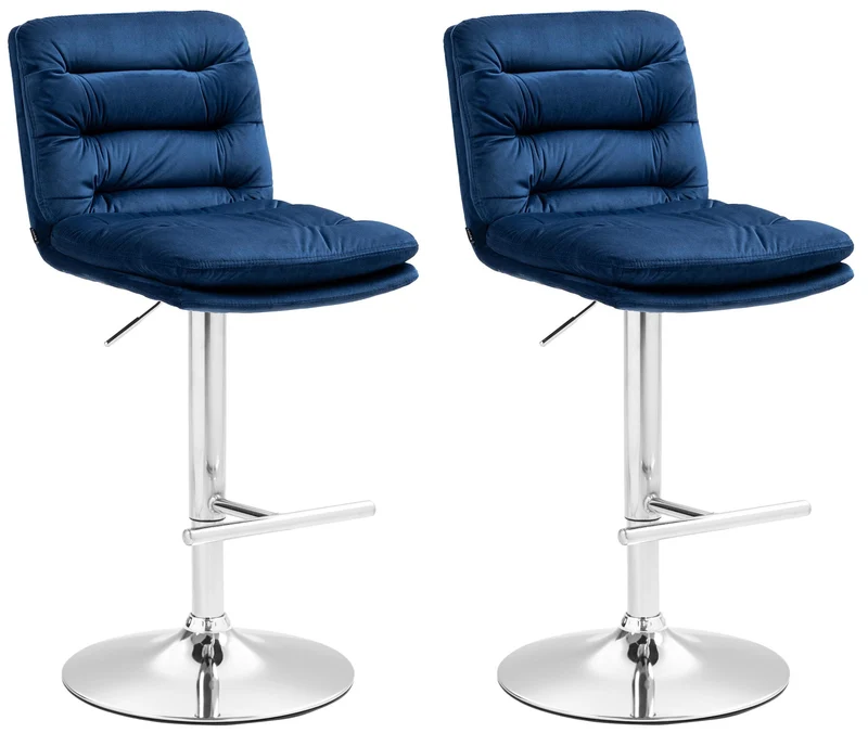 Lot de 2 tabourets de bar avec repose-pieds et dossier assise rembourré en velours bleu et métal chromé 10_0006638