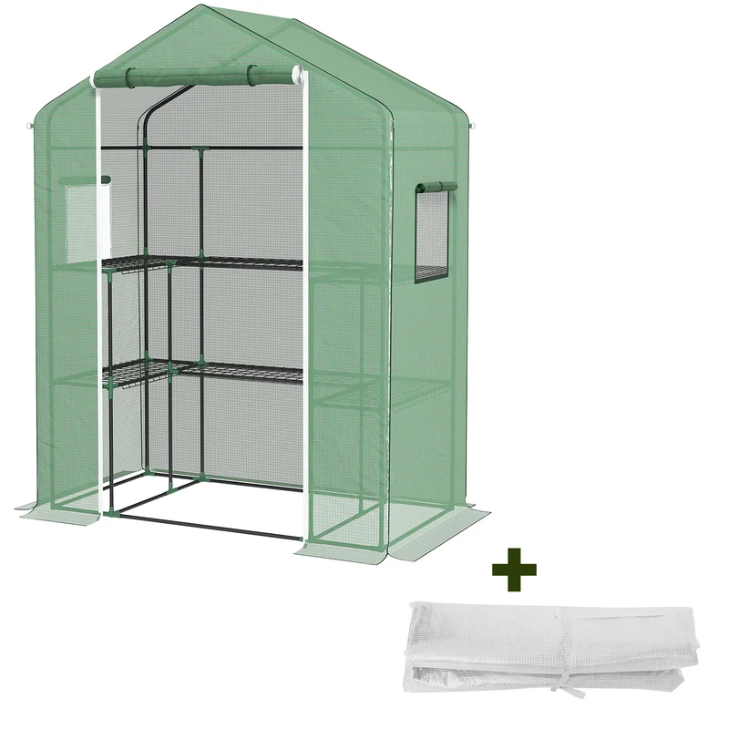 Serre de jardin stable pour tomates 140 x 73 x 190 cm porte enroulable et étagères moderne design en polyéthylène vert 21_0004386