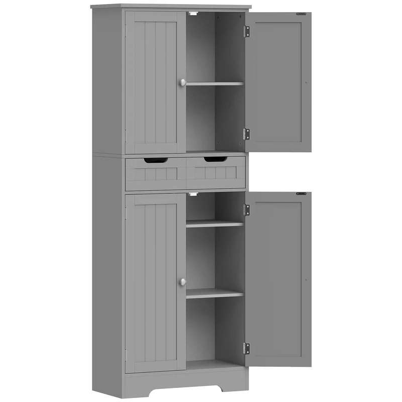 Armoire haute de salle de bain 60 x 30 x 160 cm tiroir et placard intégrés pieds antidérapants épuré moderne en MDF gris 21_0002070