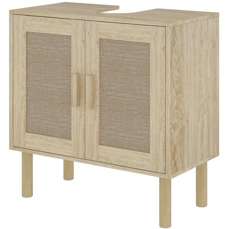Meuble sous lavabo 60 x 30 x 60 cm rangement 2 niveaux découpe en u pieds 15 cm scandinave en panneau de particules chêne 21_0002041