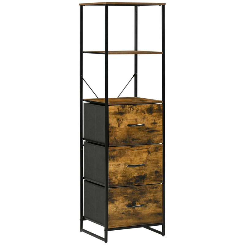 Meuble de rangement étroit salon 44 x 40 x 155 cm trois étagères 3 tiroirs tissu gain de place industriel en MDF marron 21_0002887
