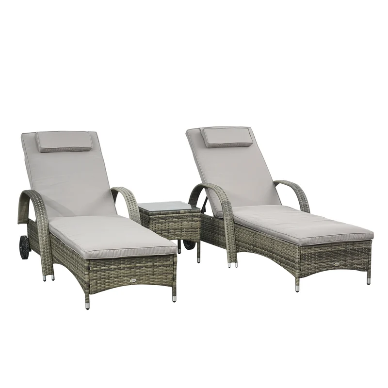 Lot de 2 transats bains de soleil 200 x 73 x 103 cm dossier inclinable matelas inclus avec roues moderne en résine gris 21_0006002