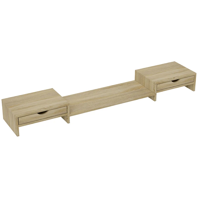 Rehausseur d'écran bureau extensible 60-116 x 22 x 12 cm tiroirs pour deux écrans moderne en panneau de particules chêne 21_0006373