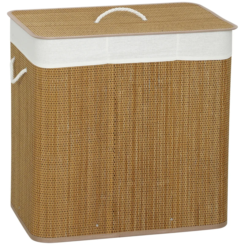 Panier à linge trois compartiments 60 x 40 x 60 cm sacs lavables poignées de transport scandinave épuré en bambou marron 21_0005878