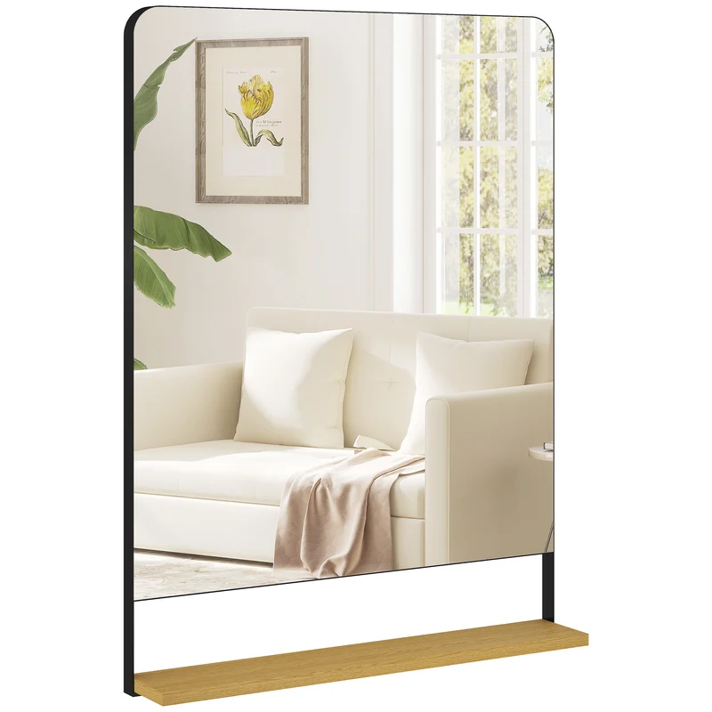 Miroir mural entrée rectangulaire 80 x 60 x 10 cm étagère intégrée rangement pratique style industriel en métal noir 21_0003714