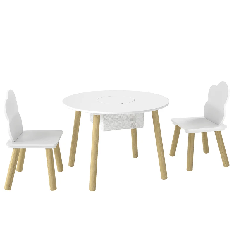 Ensemble table deux chaises enfants 60 x 60 x 44 cm sac de rangement central bords arrondis scandinave en MDF blanc 21_0000241