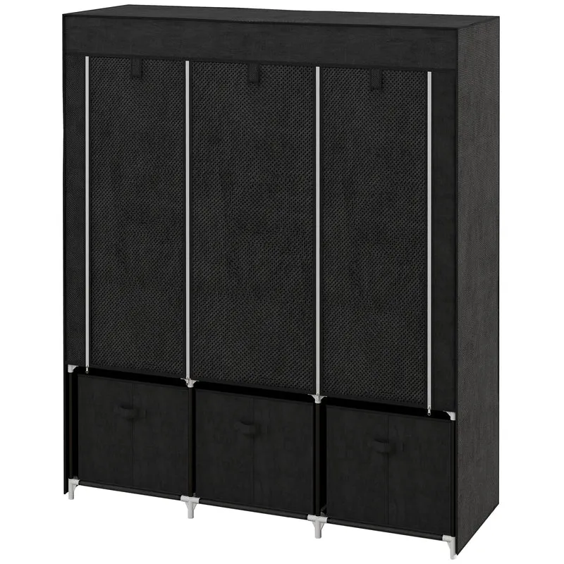 Armoire de rangement pliable 125 x 43 x 162.5 cm 5 étagères 2 tringles 3 tiroirs gain de place contemporain en tissu noir 21_0005812
