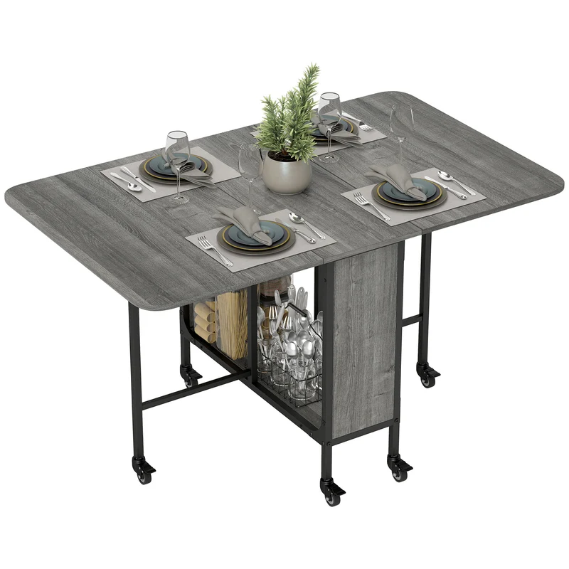 Table pliante extensible cuisine 130 x 80 x 74 cm pour 6 personnes étagère intégrée moderne en panneau de particules gris 21_0002302