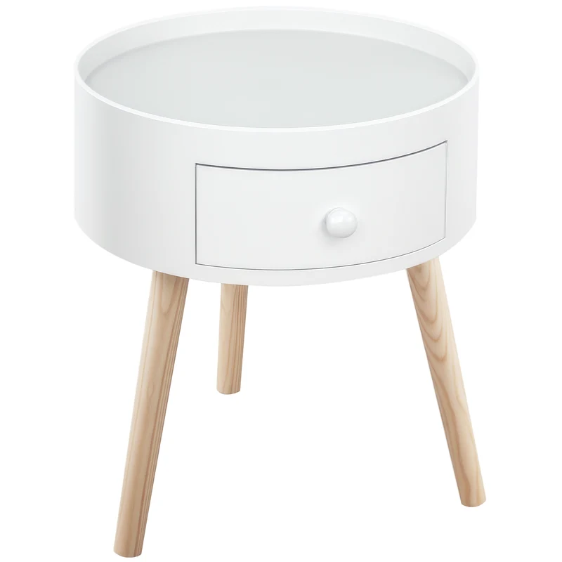 Table de chevet ronde 38 x 38 x 45 cm tiroir de rangement pratique style scandinave épuré en bois massif chêne clair 21_0001713