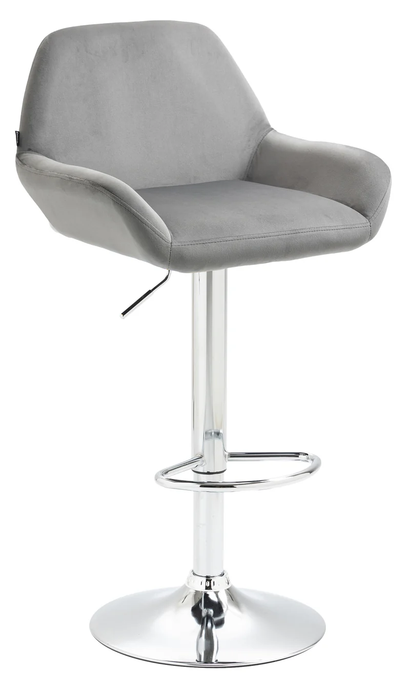Tabouret de bar en velours rembourré gris base trompette métal chromée TDB10427