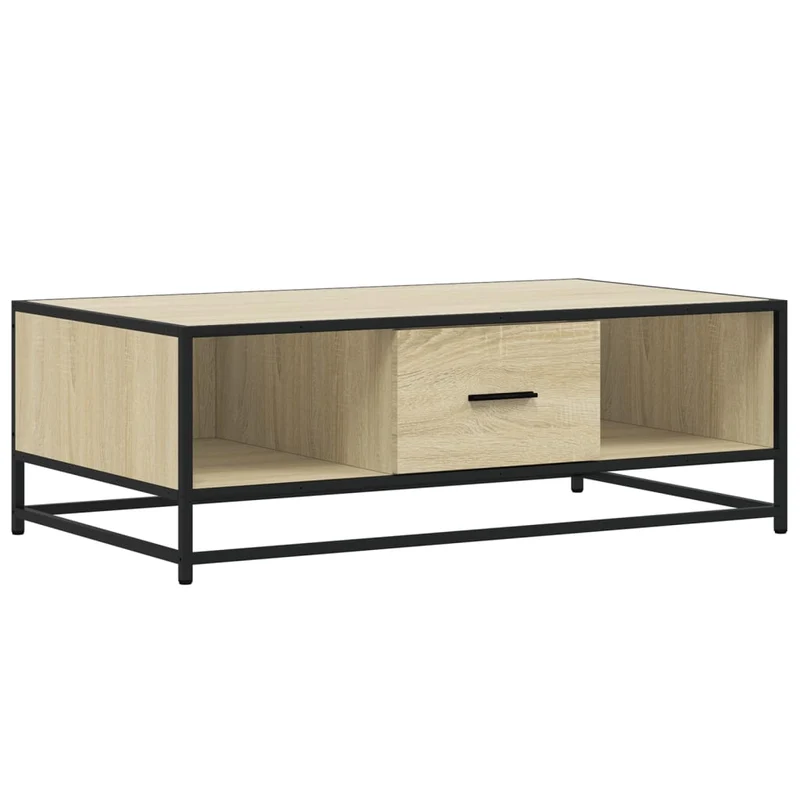 Table basse avec tiroir et compartiment ouvert design industriel moderne 100 x 57 x 35cm bois d'ingénierie couleur chêne et métal DEC038884