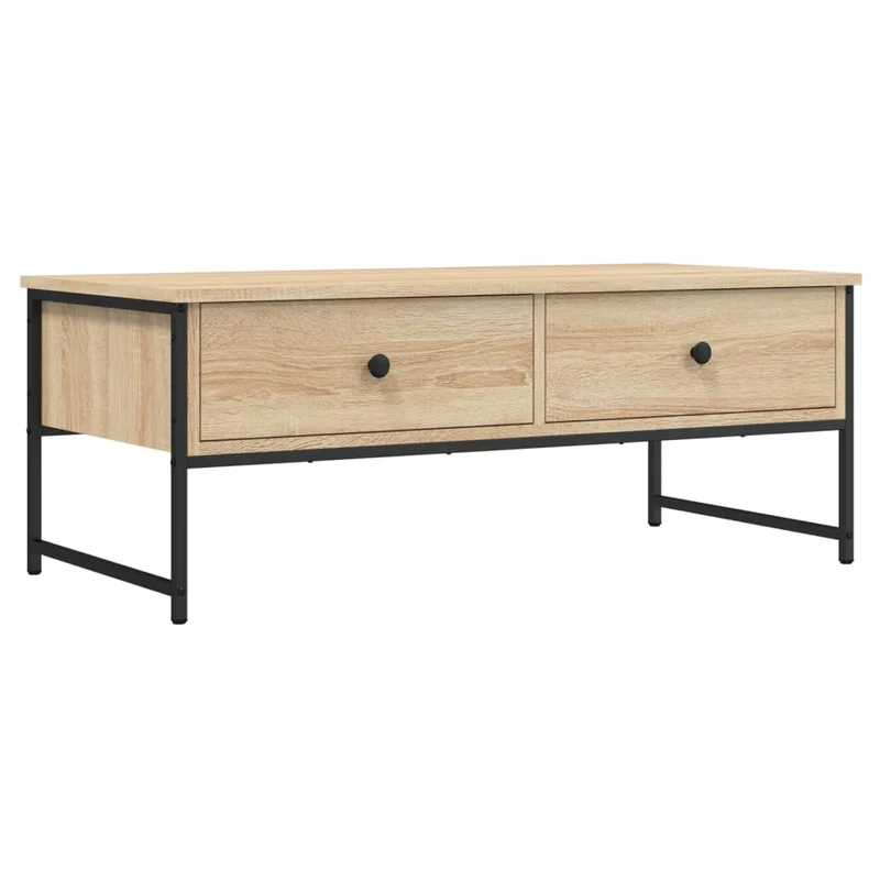 Table basse avec deux tiroirs design industriel 101 x 49 x 39,5 cm bois d'ingénierie couleur chêne et métal DEC038887