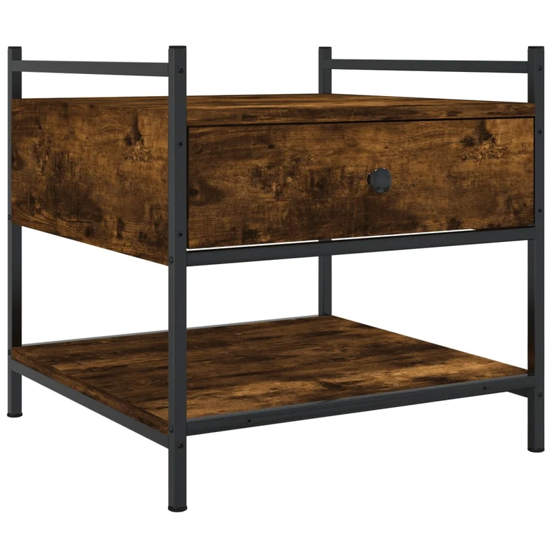 Table basse avec tiroir et étagère design industriel 50 x 50 x 50 cm bois d'ingénierie marron et métal DEC038420