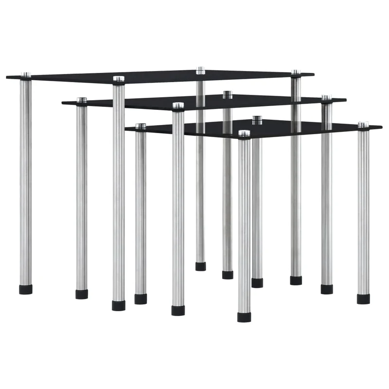 Lot de 3 tables d'appoint gigognes en verre trempé noir et acier DEC032737