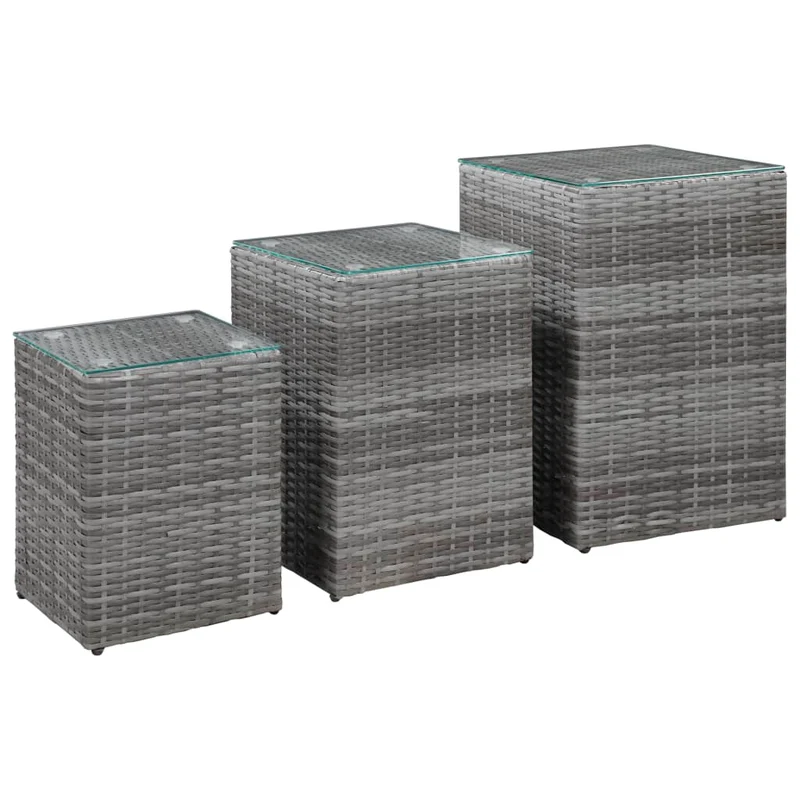 Lot de 3 tables d'appoint supports plantes dessus en verre gris résine tressée gris et métal DEC032664