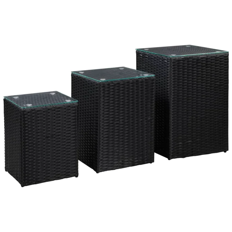 Lot de 3 tables d'appoint en résine tressée noir et dessus en verre DEC032666