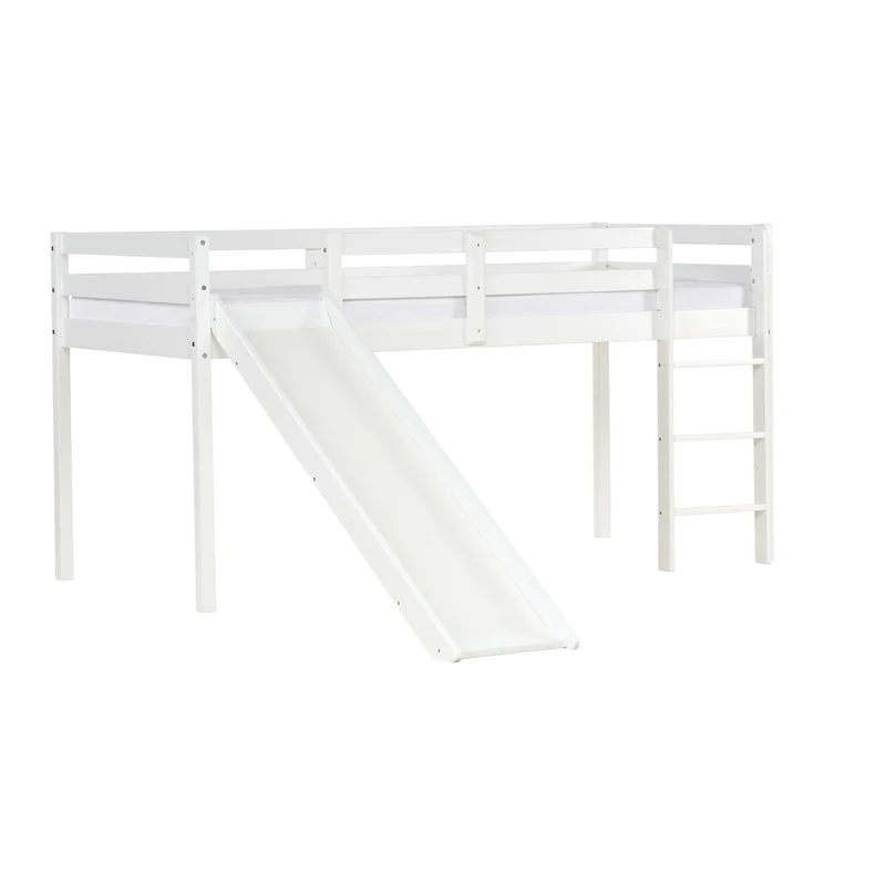 Lit mezzanine pour enfant avec sommier à lattes échelle et toboggan 90x200 cm en bois blanc LIT06233