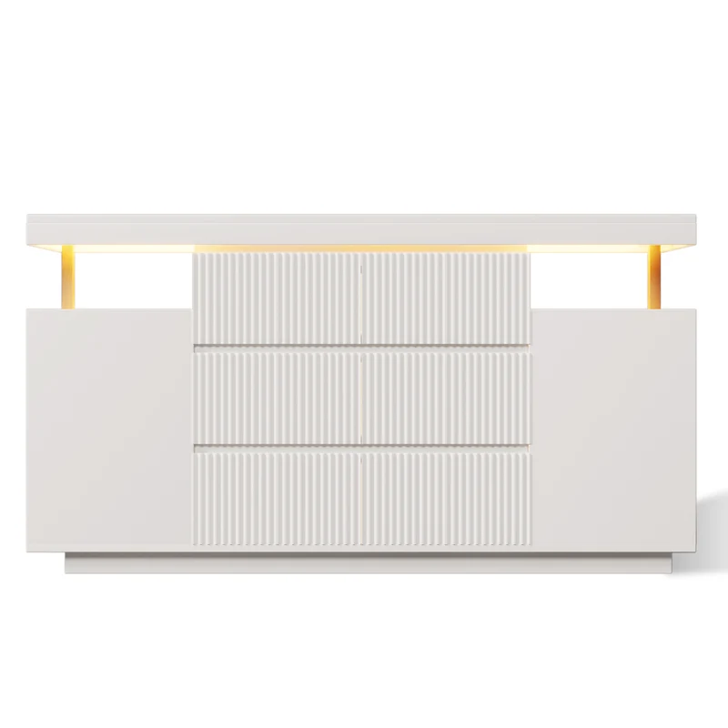 Buffet blanc chic façade rainurée 6 tiroirs 2 portes avec LED 150 cm SCANDINAVIANBIRCHONE