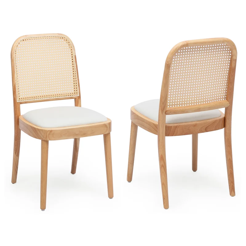 Lot de 2 chaises de salle à manger en bois, cannage et lin beige RUSTICELITE