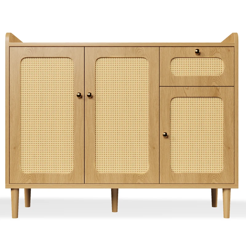 Buffet effet chêne avec cannage 3 portes 1 tiroir 120x40x91cm RUSTICWALLHOME