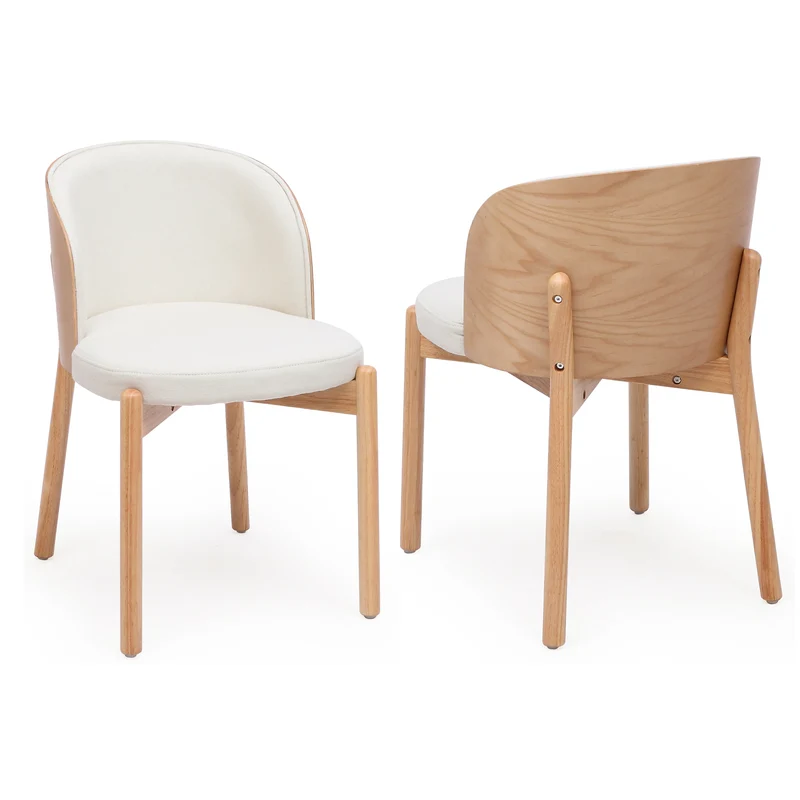 Lot de 2 chaises de salle à manger dossier incurvé en bois clair, tissu lin blanc RUSTICFLOOR