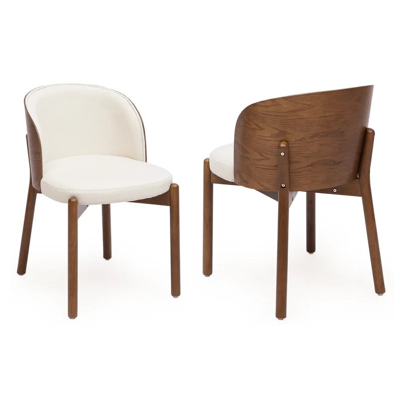 Lot de 2 chaises de salle à manger dossier incurvé en bois noyer, tissu lin blanc RUSTICFLOORHOME