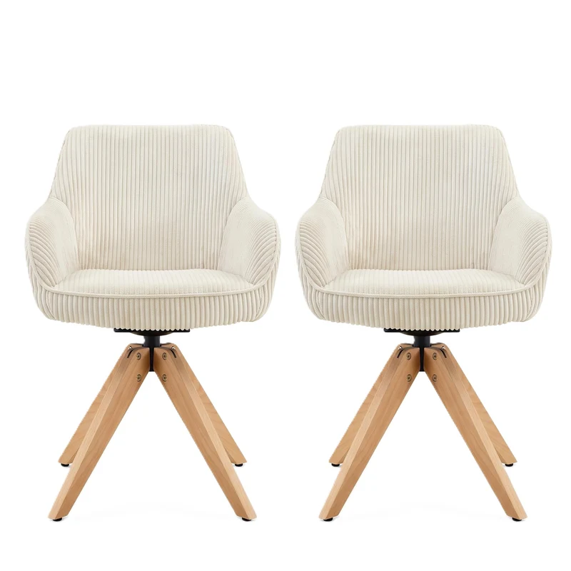 Lot de 2 chaises pivotantes velours côtelé écru, pieds bois SCANDINAVIANSTEELPLU