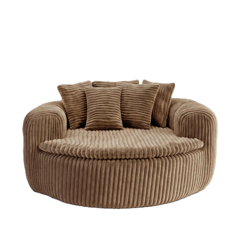 Fauteuil round lounge XXL en velours côtelé camel, 5 coussins 145x133cm RUSTICDESKART