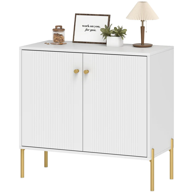 Buffet bas 80 x 39,1 x 76 cm portes cannelées étagère réglable pieds acier contemporain en panneau de particules blanc 21_0003563