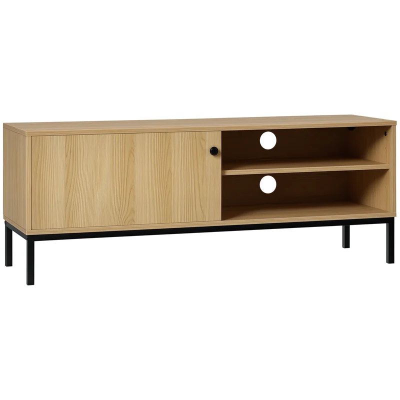 Meuble tv 3 compartiments porte coulissante passe câbles 120 x 39.5 x 46 cm pour salon contemporain épuré en MDF naturel 21_0003057