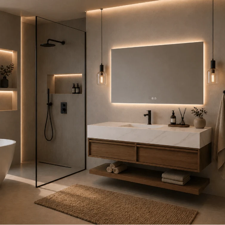 Mueble de baño suspendido 4 piezas Alira 140 acabado nogal, piedra sinterizada y espejo LED