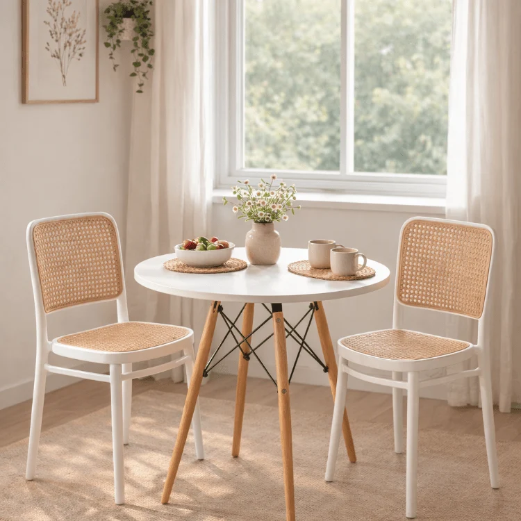 Conjunto mesa redonda blanca con 2 sillas de ratán Domus