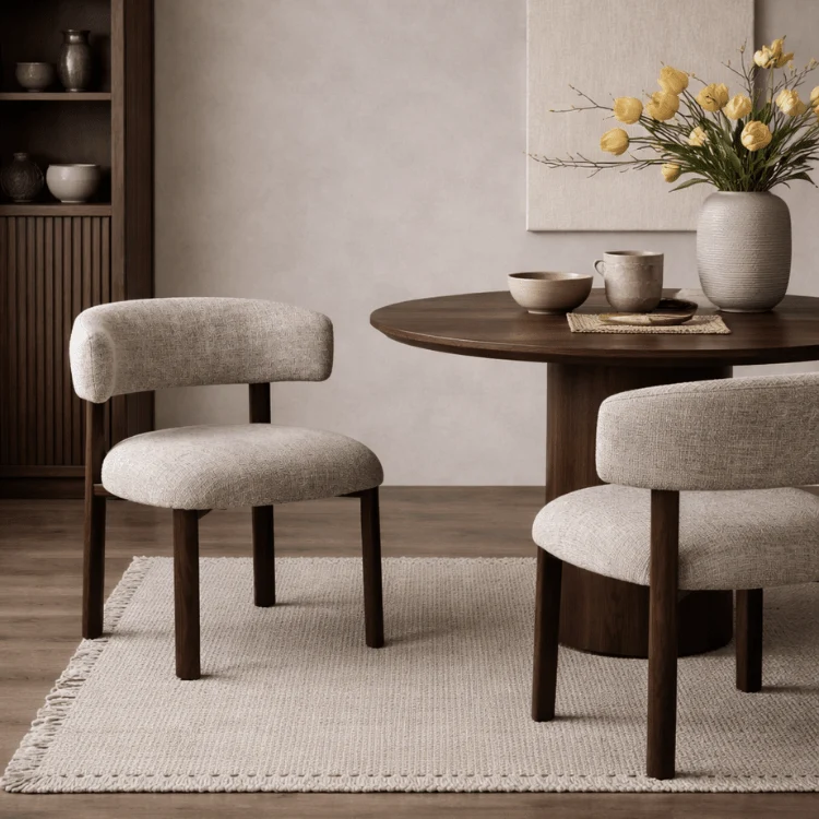 Silla de comedor Auren tapizada beige acabado nogal